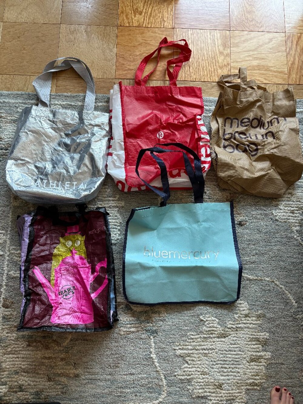 Reusable bags (Lululemon, Bloomingdales, Athleta, Trader Joes, Bluemercury